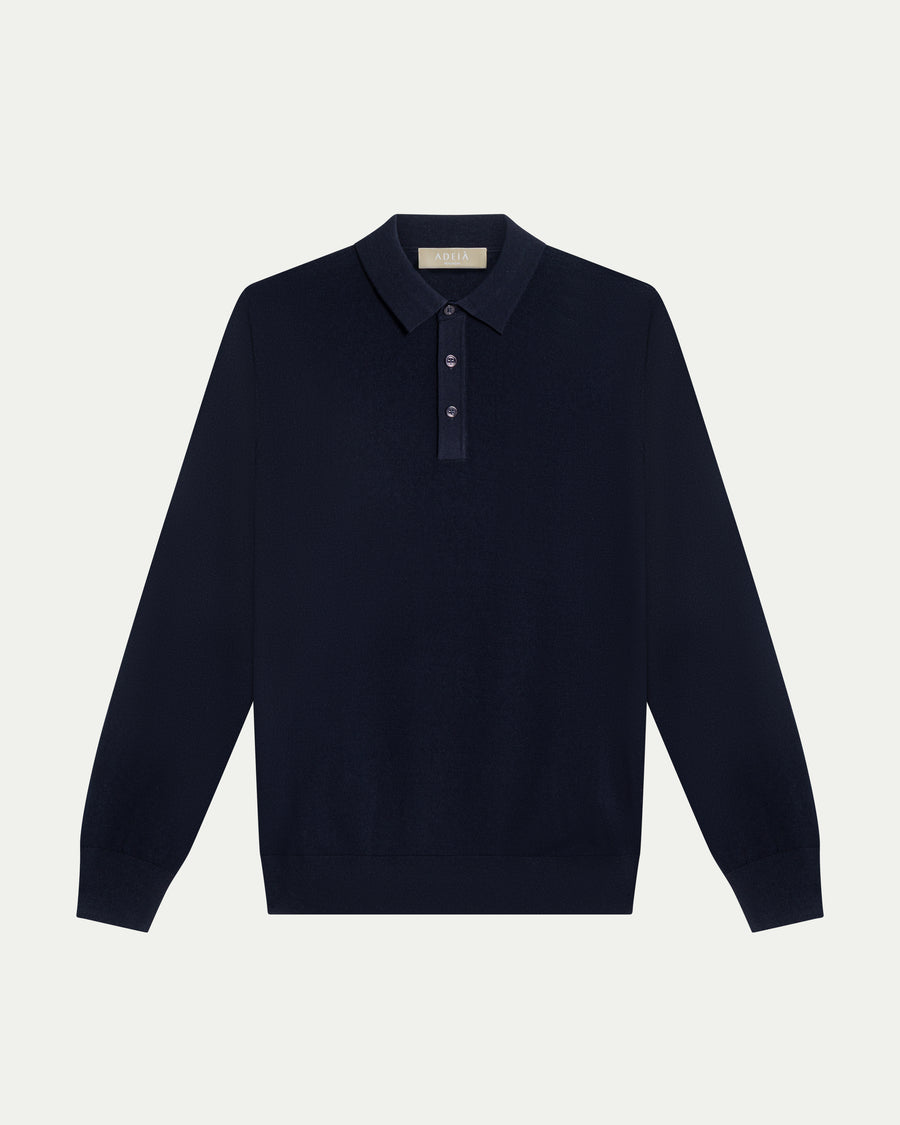 MERINO WOOL LONG SLEEVE POLO - NAVY