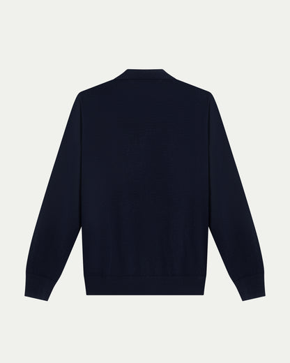 MERINO WOOL LONG SLEEVE POLO - NAVY