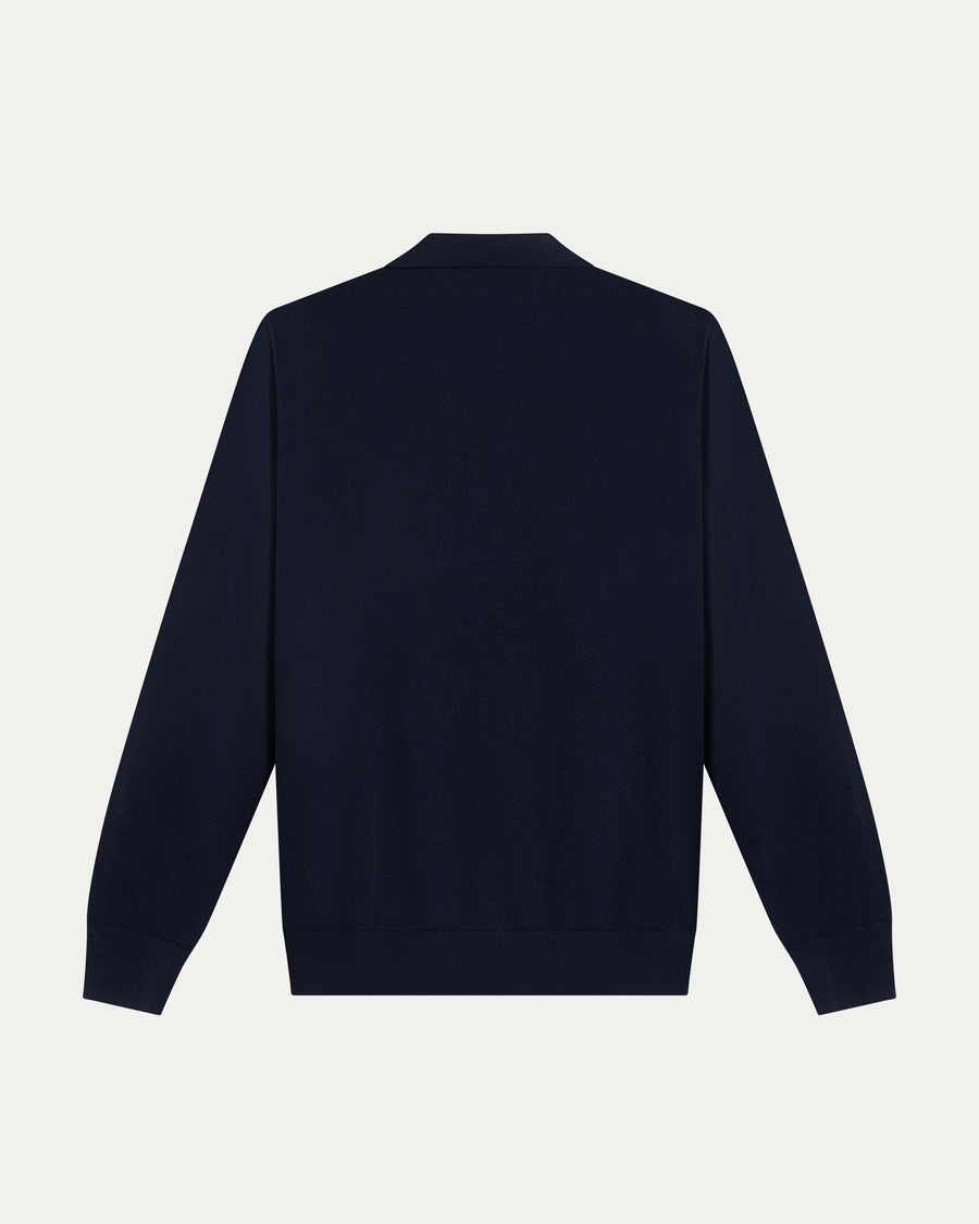 MERINO WOOL LONG SLEEVE POLO - NAVY