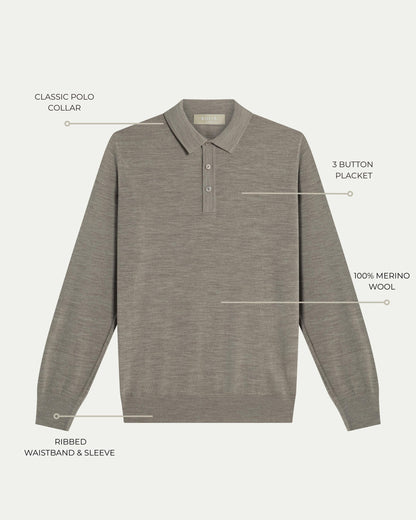 MERINO WOOL LONG SLEEVE POLO - BEIGE