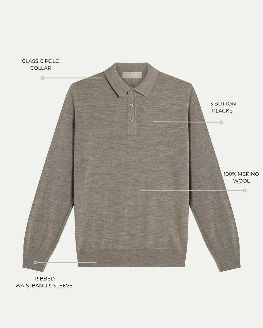 MERINO WOOL LONG SLEEVE POLO - BEIGE