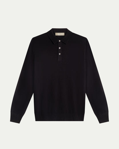 MERINO WOOL LONG SLEEVE POLO - BLACK
