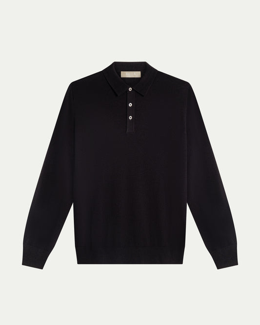 MERINO WOOL LONG SLEEVE POLO - BLACK
