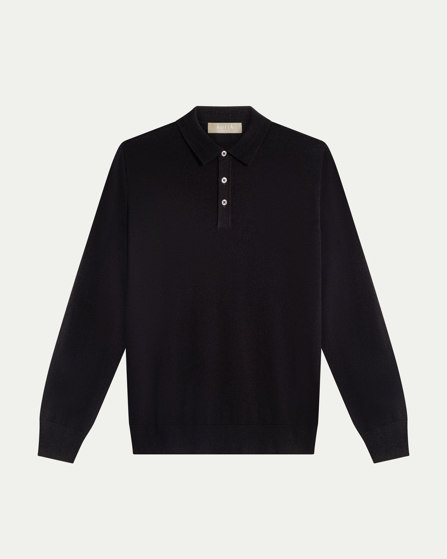 MERINO WOOL LONG SLEEVE POLO - BLACK