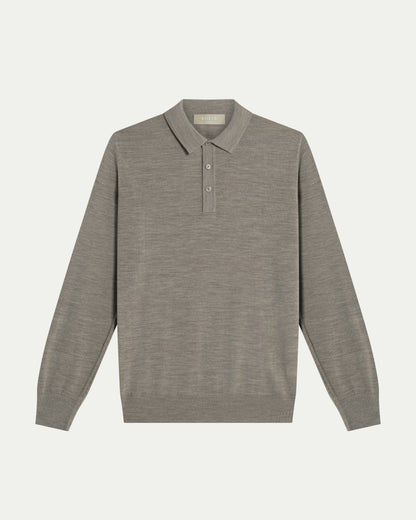 MERINO WOOL LONG SLEEVE POLO - BEIGE